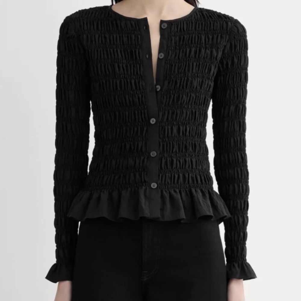 Everlane Black Smocked Cardigan Top Ruffle Hem Long Sleeve Small